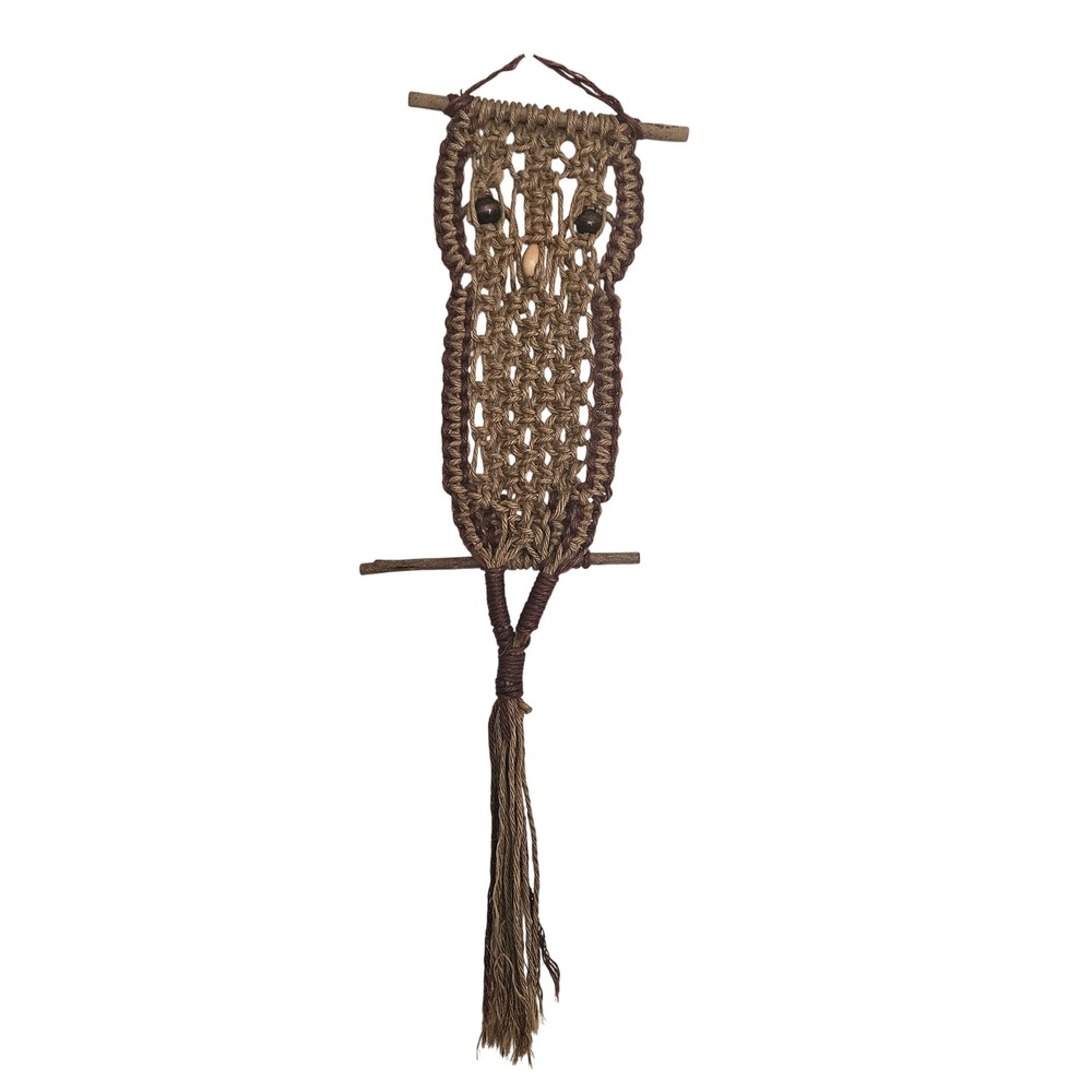 Vintage Macrame Owl Wall Hanging Boho Brown Jute Fiber Art Wooden Beads Retro
